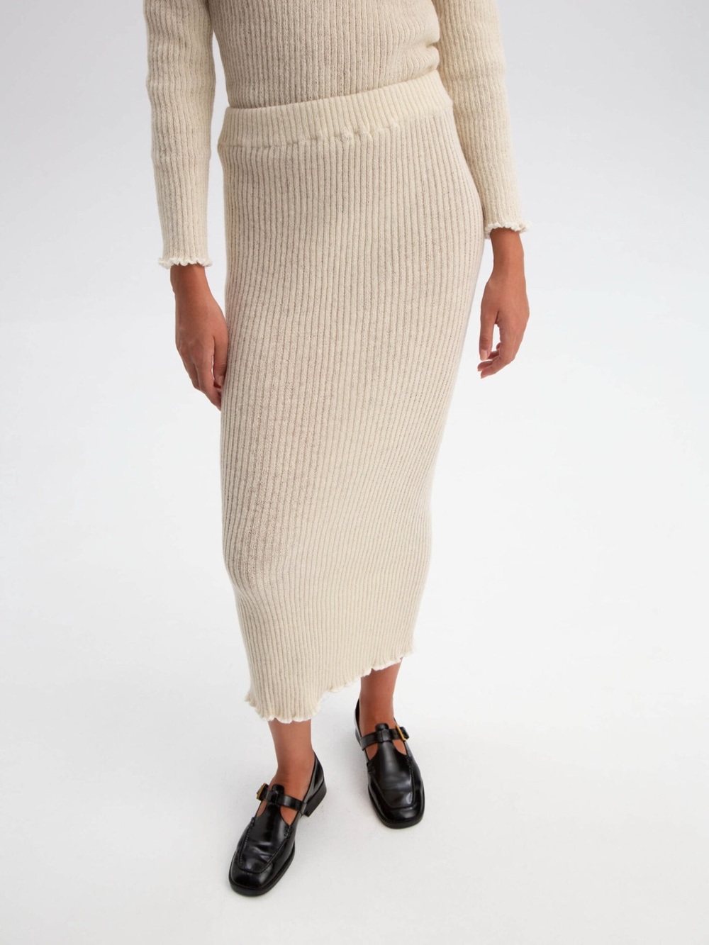nonna lietta rib ruffle woollen skirt natural